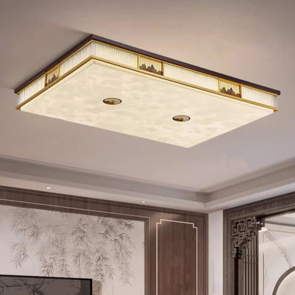 Traditional Chinese Rectangular Brass Faux Marble Glass LED Flush Mount Ceiling Light For Living Room