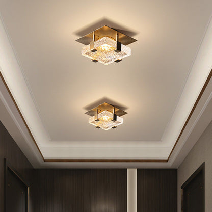 Modern Luxury Square Stainless Steel Glass LED Semi-Flush Mount Ceiling Light For Hallway