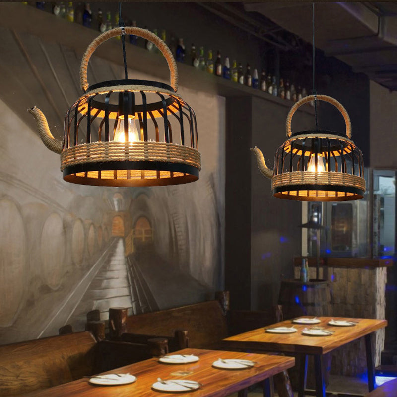 Traditional Vintage Teapot Iron Rope 1-Light Pendant Light For Living Room