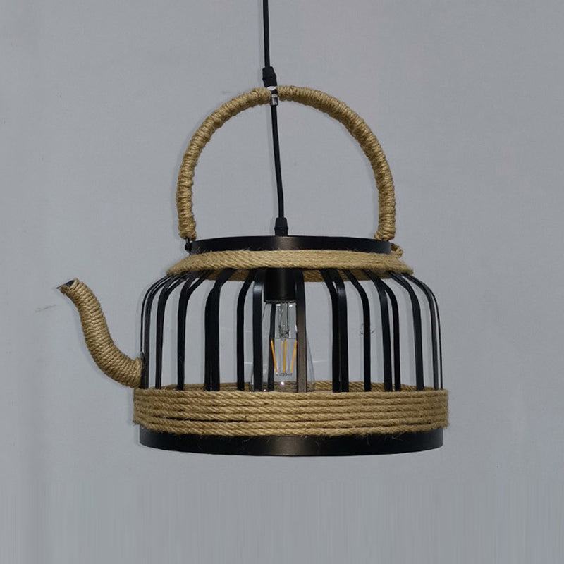 Traditional Vintage Teapot Iron Rope 1-Light Pendant Light For Living Room