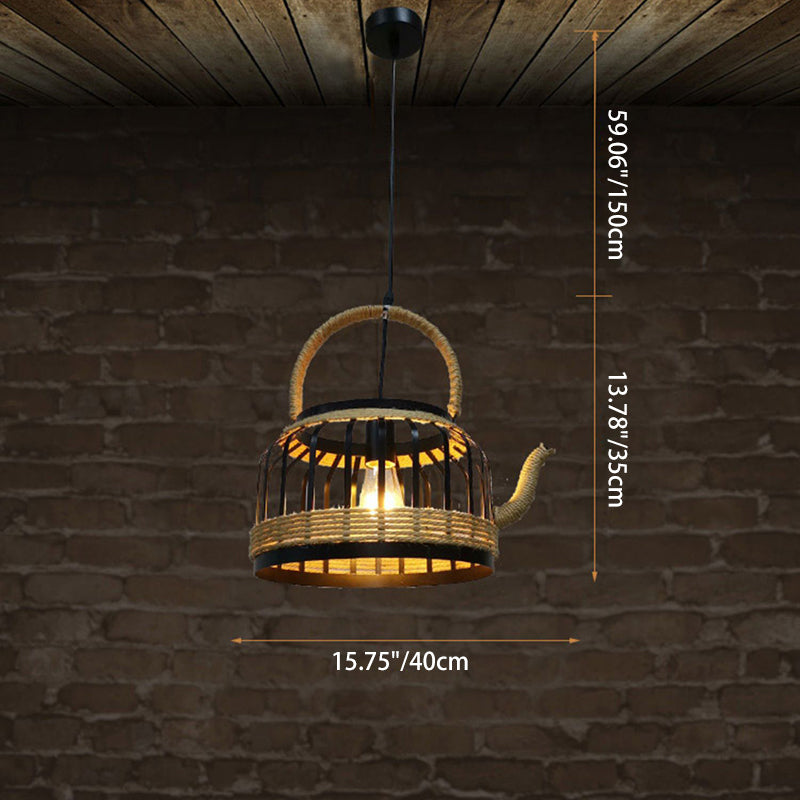 Traditional Vintage Teapot Iron Rope 1-Light Pendant Light For Living Room