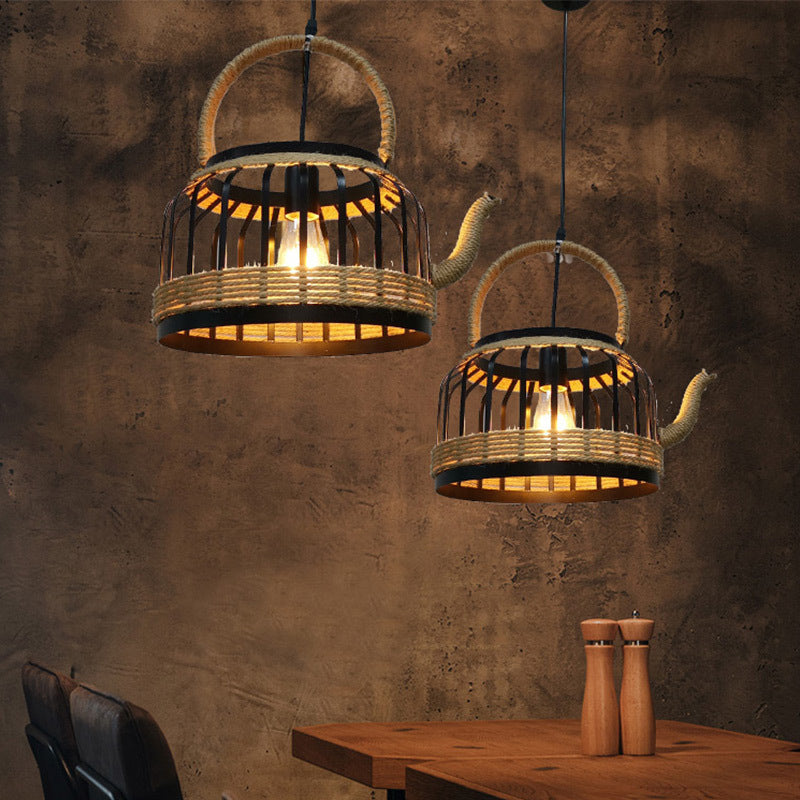 Traditional Vintage Teapot Iron Rope 1-Light Pendant Light For Living Room