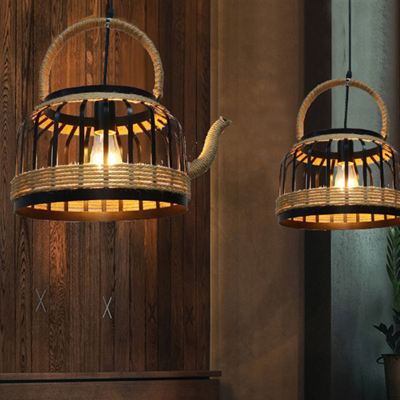 Traditional Vintage Teapot Iron Rope 1-Light Pendant Light For Living Room