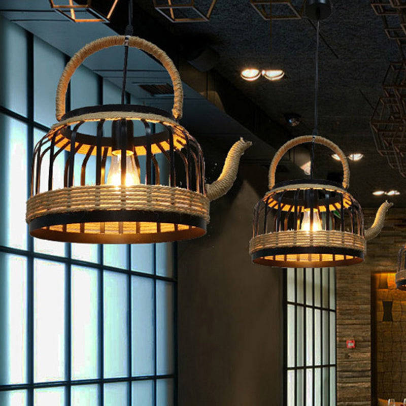 Traditional Vintage Teapot Iron Rope 1-Light Pendant Light For Living Room