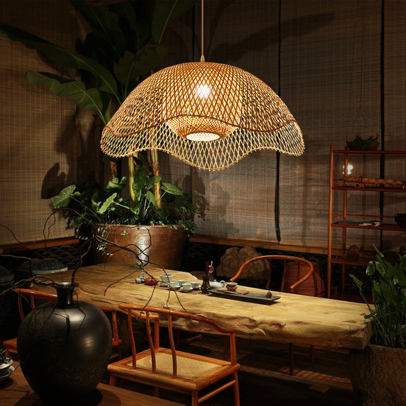 Traditional Chinese Dome Bamboo 1-Light Pendant Light For Living Room