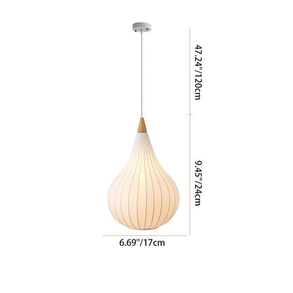 Traditional Japanese Gourd Stretch Fabric Solid Wood 1-Light Pendant Light For Bedroom