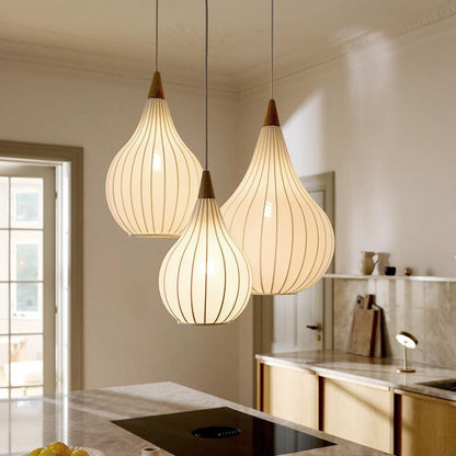 Traditional Japanese Gourd Stretch Fabric Solid Wood 1-Light Pendant Light For Bedroom