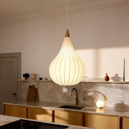 Traditional Japanese Gourd Stretch Fabric Solid Wood 1-Light Pendant Light For Bedroom