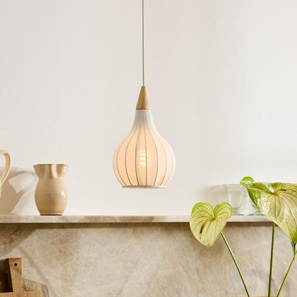 Traditional Japanese Gourd Stretch Fabric Solid Wood 1-Light Pendant Light For Bedroom