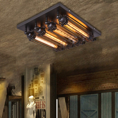 Contemporary Industrial Square Iron Glass 4-light Semi-flush Mount Ceiling Light for Bedroom BulbSquare