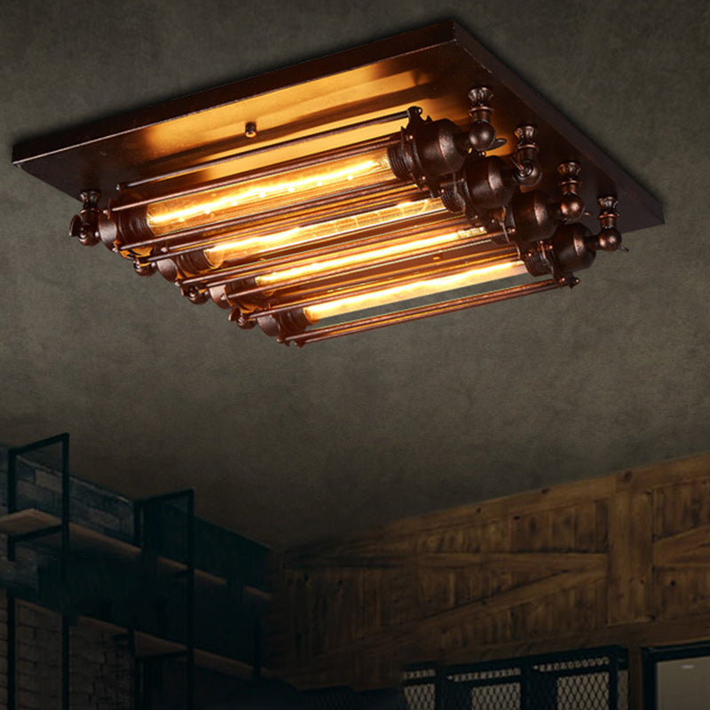 Contemporary Industrial Square Iron Glass 4-light Semi-flush Mount Ceiling Light for Bedroom