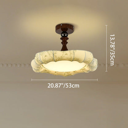Traditional French Floral Fabric Shade Iron LED Dimmable Semi-Flush Mount Ceiling Light For Bedroom