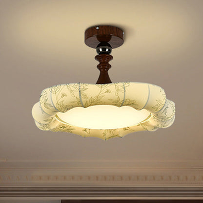 Traditional French Floral Fabric Shade Iron LED Dimmable Semi-Flush Mount Ceiling Light For Bedroom