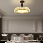 Traditional French Floral Fabric Shade Iron LED Dimmable Semi-Flush Mount Ceiling Light For Bedroom