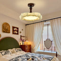Traditional French Floral Fabric Shade Iron LED Dimmable Semi-Flush Mount Ceiling Light For Bedroom