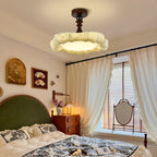Traditional French Floral Fabric Shade Iron LED Dimmable Semi-Flush Mount Ceiling Light For Bedroom
