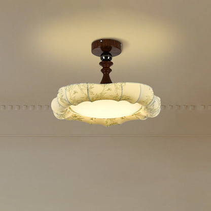 Traditional French Floral Fabric Shade Iron LED Dimmable Semi-Flush Mount Ceiling Light For Bedroom