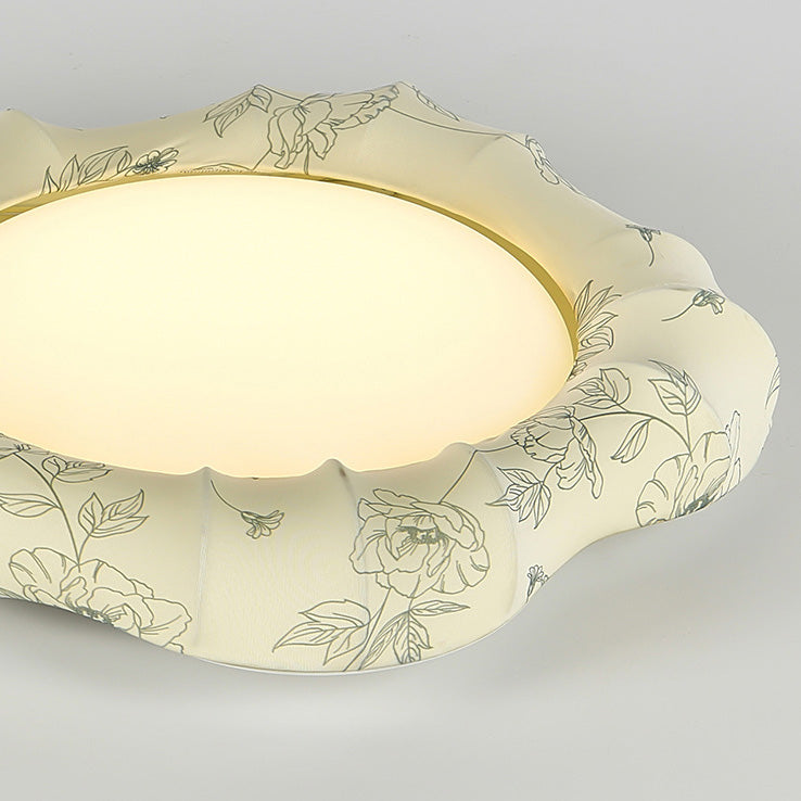 Traditional French Floral Fabric Shade Iron LED Dimmable Semi-Flush Mount Ceiling Light For Bedroom