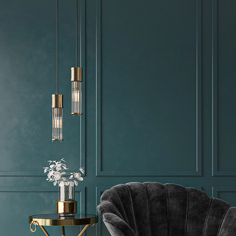 Traditional Vintage Cylinder Glass Shade Solid Brass Body 1-Light Pendant Light For Living Room