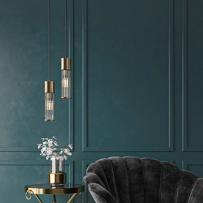 Traditional Vintage Cylinder Glass Shade Solid Brass Body 1-Light Pendant Light For Living Room