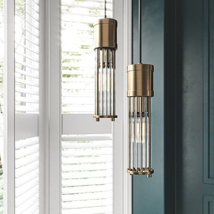 Traditional Vintage Cylinder Glass Shade Solid Brass Body 1-Light Pendant Light For Living Room