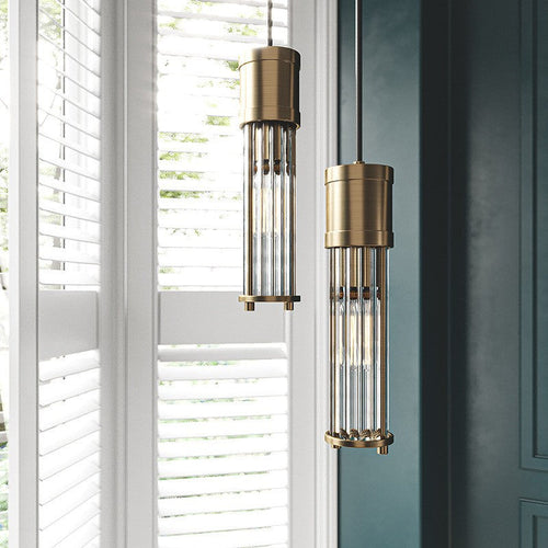 Traditional Vintage Cylinder Glass Shade Solid Brass Body 1-Light Pendant Light For Living Room