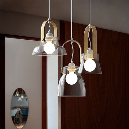 Modern Minimalist Cylinder Glass Wood Iron 1-Light Pendant Light For Living Room
