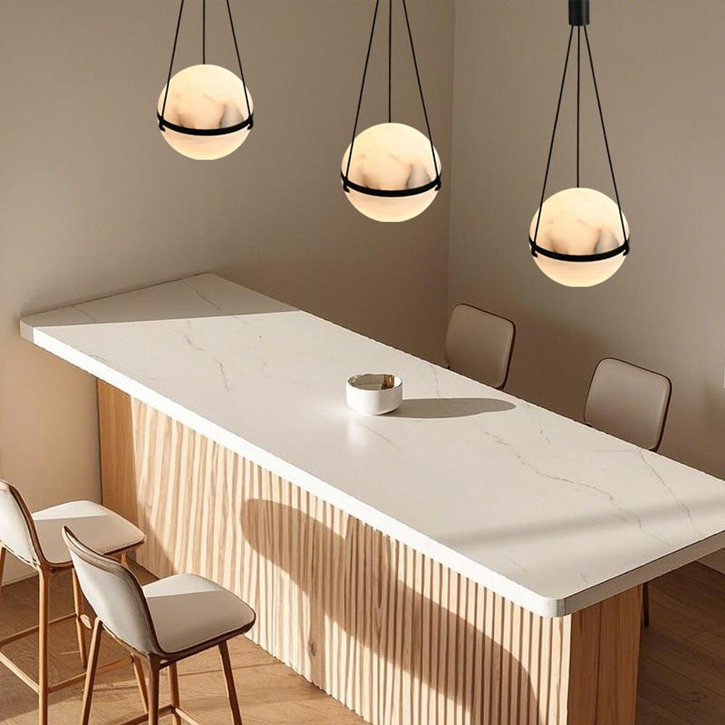 Modern Art Deco Sophisticated Spherical Copper Marble LED Pendant Light For Bedroom