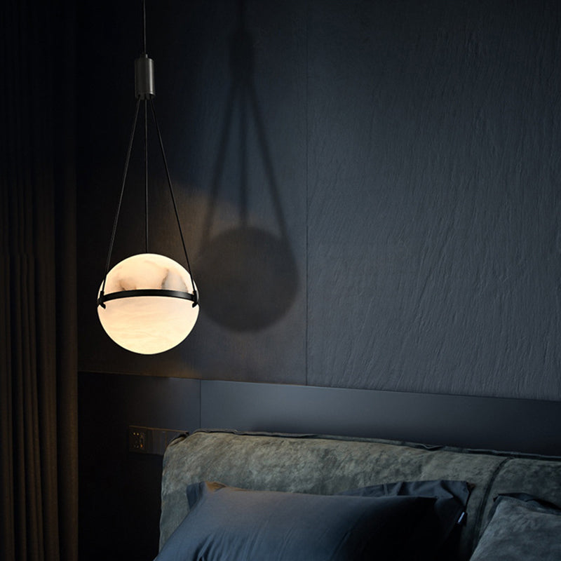 Modern Art Deco Sophisticated Spherical Copper Marble LED Pendant Light For Bedroom