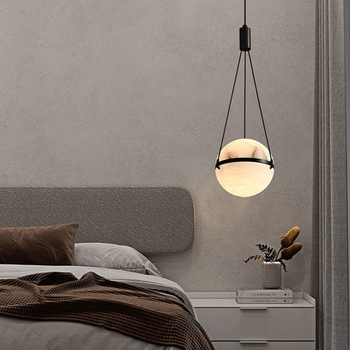 Modern Art Deco Sophisticated Spherical Copper Marble LED Pendant Light For Bedroom