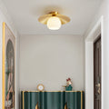 Contemporary Scandinavian Spherical Glass Shade Semi-Flush Mount Ceiling Light With Solid Brass Base 1-Light For Bedroom