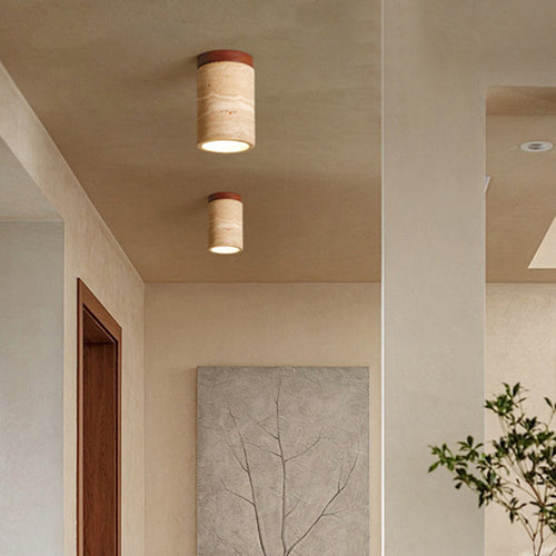 Traditional Japanese Wabi-Sabi Cylinder Yellow Travertine Solid Wood 1-Light Semi-Flush Mount Ceiling Light For Bedroom