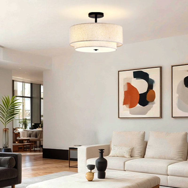 Modern Minimalist Iron Linen Round 1-light Semi-flush Mount Ceiling Light for Living Room & Bedroom