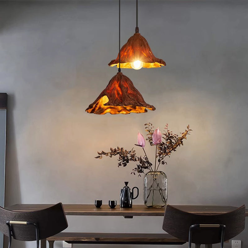 Traditional Japanese Lotus Leaf Metal Resin 1-Light Pendant Light For Dining Room