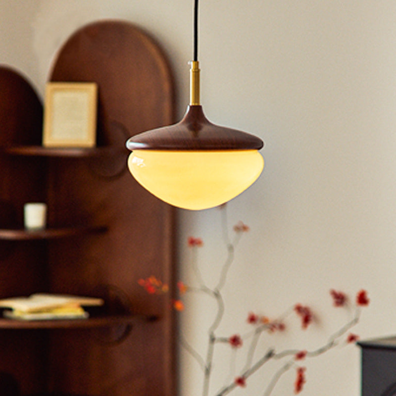 Traditional Vintage Hazelnut Metal Glass LED Pendant Light For Bedroom