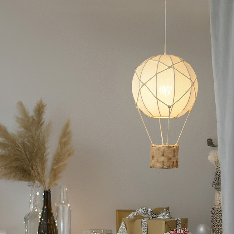 Modern Minimalist Kids Hot Air Balloon Fabric Iron Rattan Weaving 1-light Pendant Light for Bedroom BulbSquare
