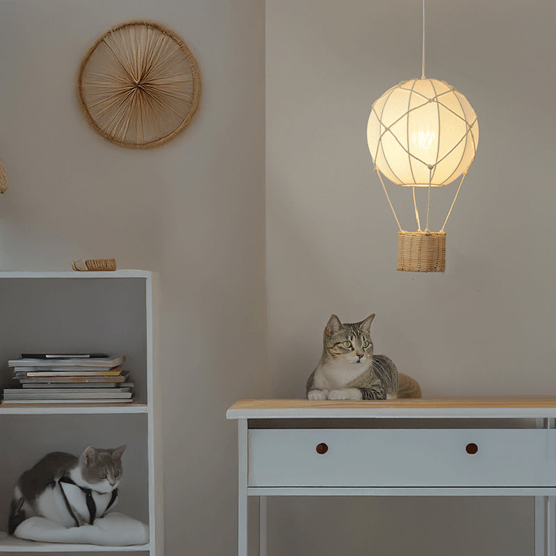 Modern Minimalist Kids Hot Air Balloon Fabric Iron Rattan Weaving 1-light Pendant Light for Bedroom BulbSquare