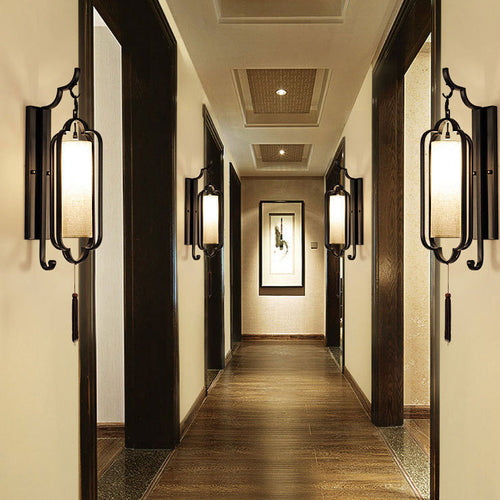 Traditional Chinese Strip Iron Fabric 1-Light Wall Sconce Lamp For Bedroom