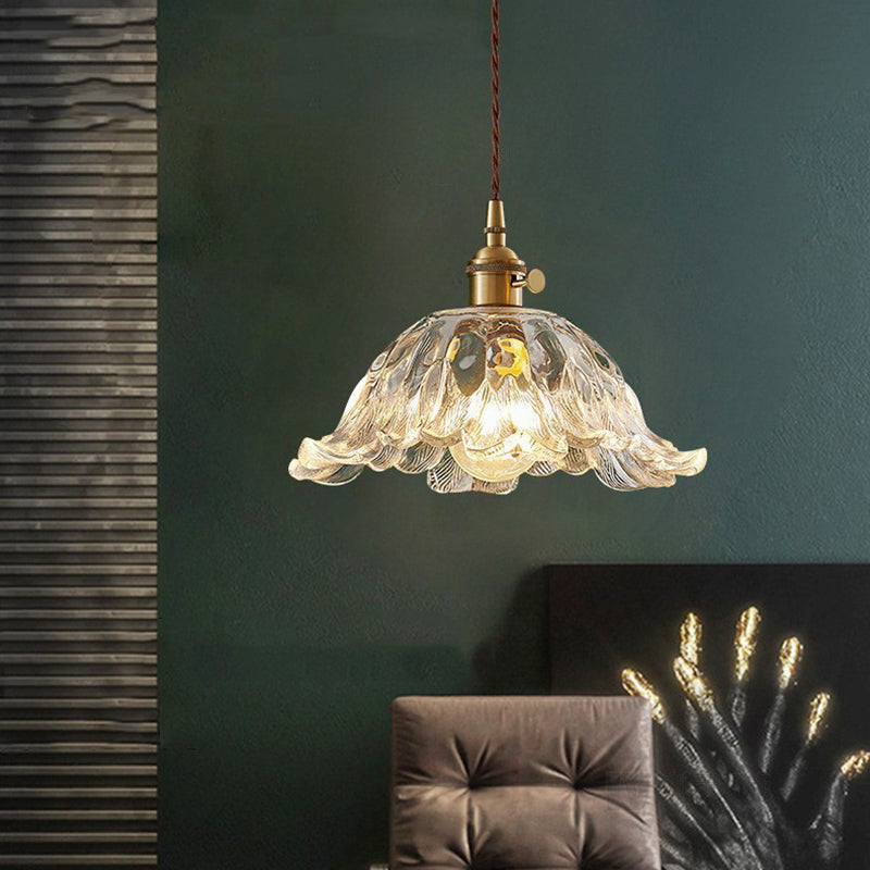Contemporary Nordic Flower Copper Glass 1-Light Pendant Light For Living Room