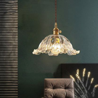 Contemporary Nordic Flower Copper Glass 1-Light Pendant Light For Living Room
