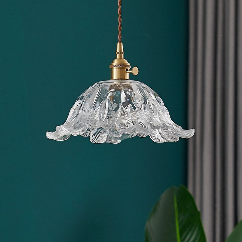 Contemporary Nordic Flower Copper Glass 1-Light Pendant Light For Living Room