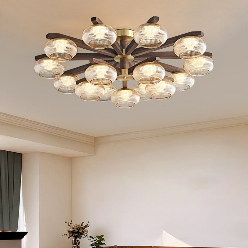 Traditional Vintage Bowl Walnut Wood Copper Glass LED Semi-flush Mount Light for Living Room