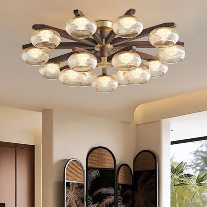 Traditional Vintage Bowl Walnut Wood Copper Glass LED Semi-flush Mount Light for Living Room