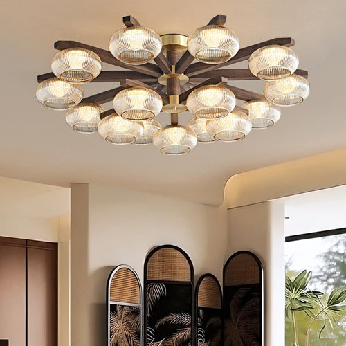 Traditional Vintage Bowl Walnut Wood Copper Glass LED Semi-flush Mount Light for Living Room