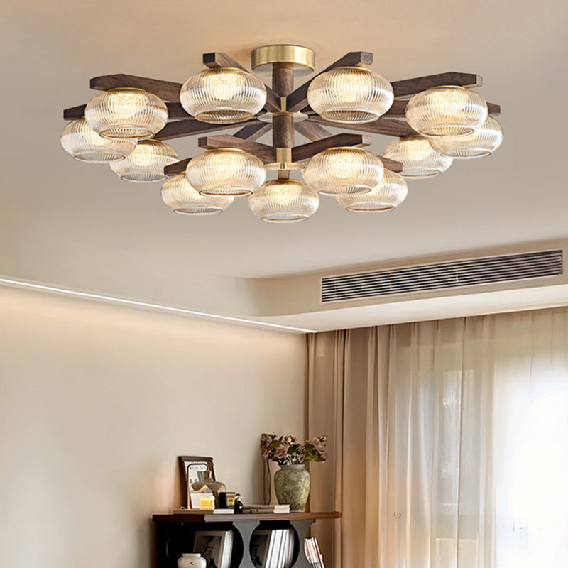 Traditional Vintage Bowl Walnut Wood Copper Glass LED Semi-flush Mount Light for Living Room