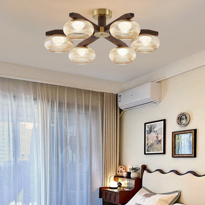 Traditional Vintage Bowl Walnut Wood Copper Glass LED Semi-flush Mount Light for Living Room