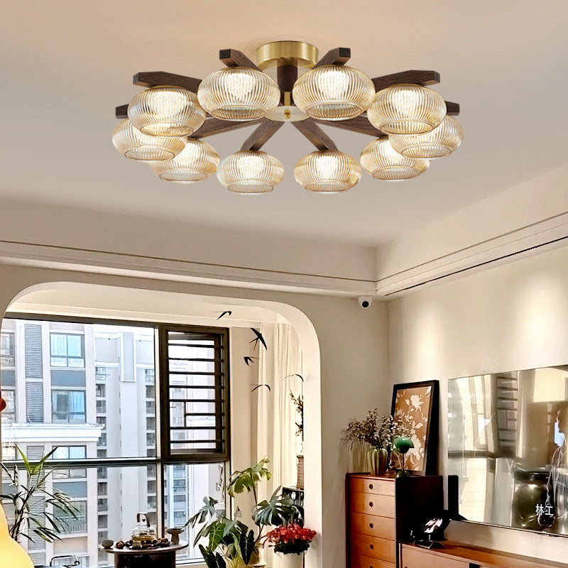 Traditional Vintage Bowl Walnut Wood Copper Glass LED Semi-flush Mount Light for Living Room