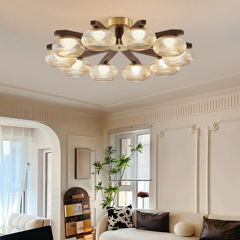 Traditional Vintage Bowl Walnut Wood Copper Glass LED Semi-flush Mount Light for Living Room