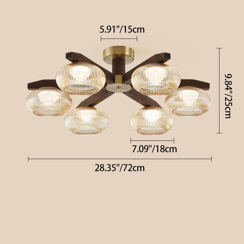 Traditional Vintage Bowl Walnut Wood Copper Glass LED Semi-flush Mount Light for Living Room