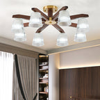 Contemporary Retro Cup Walnut Wood Copper Glass 5/6/8/10-light Semi-flush Mount Ceiling Light for Bedroom